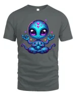 Cute Cosmic Alien Meditation Cartoon Graphic T Shirt - gray t-shirt on white background