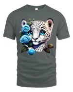 Cute Snow Leopard Cub Blue Rose Fantasy Art Graphic Tee - gray t-shirt on white background