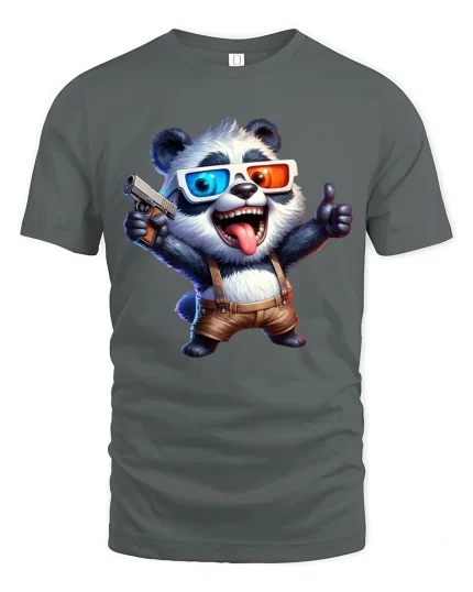 Funny Cool Panda With 3D Glasses Graphic T Shirt Cartoon Style - gray t-shirt on white background