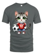 Cute Soccer Cat Cartoon Graphic Tee With Playful Sports Style - gray t-shirt on white background