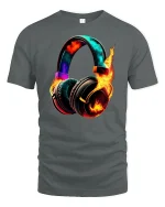 Flaming Headphones Music Energy Graphic Tee With Bold Sound Art - gray t-shirt on white background
