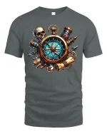 Steampunk Compass Skull Adventure Graphic Tee With Vintage Detail - gray t-shirt on white background