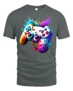 Color Splash Gaming Controller Graphic Tee With Vibrant Gamer Art - gray t-shirt on white background