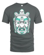 Mystic Guardian Face Graphic Tee With Bold Tribal Art Style - gray t-shirt on white background