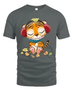 Cute Relaxed Tiger Cartoon Graphic T Shirt With Cozy Autumn Vibes - gray t-shirt on white background
