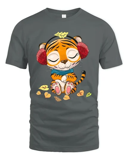 Cute Relaxed Tiger Cartoon Graphic T Shirt With Cozy Autumn Vibes - gray t-shirt on white background