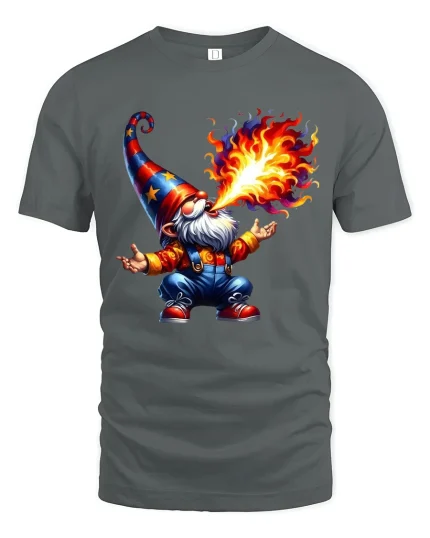 Funny Fire Breathing Wizard Gnome Cartoon Graphic T Shirt - gray t-shirt on white background