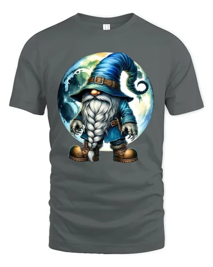Mystical Moon Wizard Gnome Cartoon Graphic T Shirt Fantasy Art - gray t-shirt on white background