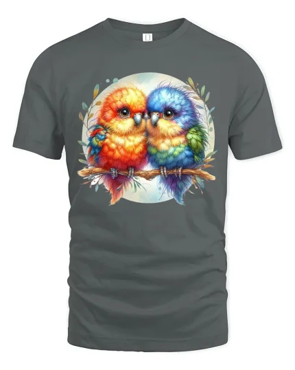 Colorful Love Birds Watercolor Art Graphic T Shirt Cute Style - gray t-shirt on white background
