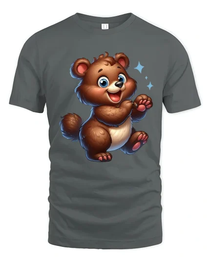 Cute Happy Bear Cartoon Art Graphic T Shirt Smiling Style - gray t-shirt on white background