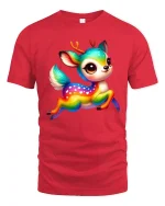 Cute Rainbow Deer Fantasy Cartoon Art Graphic Tshirt - red t-shirt on white background