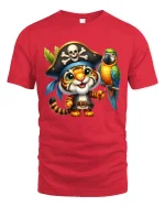 Cute Pirate Tiger Cartoon Adventure Art Graphic Tshirt - red t-shirt on white background