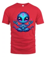 Cute Cosmic Alien Meditation Cartoon Graphic T Shirt - red t-shirt on white background