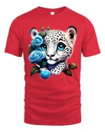 Cute Snow Leopard Cub Blue Rose Fantasy Art Graphic Tee - red t-shirt on white background