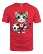 Cute Soccer Cat Cartoon Graphic Tee With Playful Sports Style - red t-shirt on white background