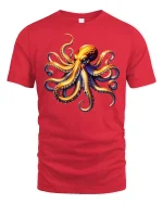 Colorful Octopus Ocean Art Graphic Tee With Bold Sea Energy - red t-shirt on white background
