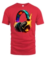 Flaming Headphones Music Energy Graphic Tee With Bold Sound Art - red t-shirt on white background