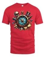 Steampunk Compass Skull Adventure Graphic Tee With Vintage Detail - red t-shirt on white background