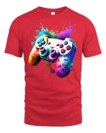 Color Splash Gaming Controller Graphic Tee With Vibrant Gamer Art - red t-shirt on white background