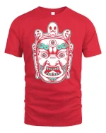 Mystic Guardian Face Graphic Tee With Bold Tribal Art Style - red t-shirt on white background