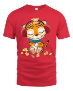 Cute Relaxed Tiger Cartoon Graphic T Shirt With Cozy Autumn Vibes - red t-shirt on white background