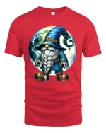 Mystical Moon Wizard Gnome Cartoon Graphic T Shirt Fantasy Art - red t-shirt on white background