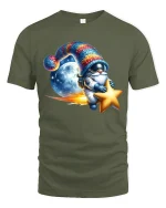 Cute Astronaut Gnome Riding Star Space Cartoon Graphic T Shirt - military green t-shirt on white background