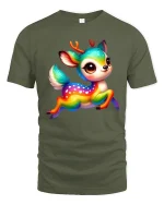 Cute Rainbow Deer Fantasy Cartoon Art Graphic Tshirt - military green t-shirt on white background