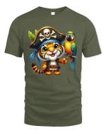 Cute Pirate Tiger Cartoon Adventure Art Graphic Tshirt - military green t-shirt on white background