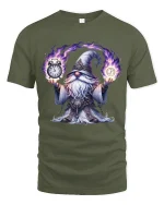 Mystic Time Wizard Cartoon Magic Clock Fantasy Graphic Tshirt - military green t-shirt on white background