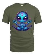 Cute Cosmic Alien Meditation Cartoon Graphic T Shirt - military green t-shirt on white background