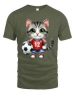Cute Soccer Cat Cartoon Graphic Tee With Playful Sports Style - military green t-shirt on white background