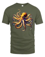 Colorful Octopus Ocean Art Graphic Tee With Bold Sea Energy - military green t-shirt on white background