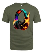 Flaming Headphones Music Energy Graphic Tee With Bold Sound Art - military green t-shirt on white background