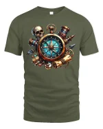 Steampunk Compass Skull Adventure Graphic Tee With Vintage Detail - military green t-shirt on white background
