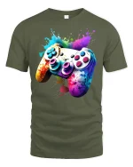 Color Splash Gaming Controller Graphic Tee With Vibrant Gamer Art - military green t-shirt on white background