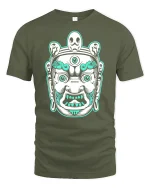 Mystic Guardian Face Graphic Tee With Bold Tribal Art Style - military green t-shirt on white background
