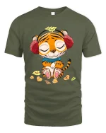 Cute Relaxed Tiger Cartoon Graphic T Shirt With Cozy Autumn Vibes - military green t-shirt on white background