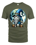 Mystical Moon Wizard Gnome Cartoon Graphic T Shirt Fantasy Art - military green t-shirt on white background