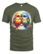 Colorful Love Birds Watercolor Art Graphic T Shirt Cute Style - military green t-shirt on white background