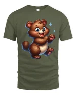Cute Happy Bear Cartoon Art Graphic T Shirt Smiling Style - military green t-shirt on white background