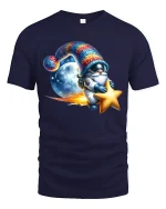 Cute Astronaut Gnome Riding Star Space Cartoon Graphic T Shirt - navy t-shirt on white background