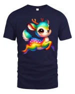 Cute Rainbow Deer Fantasy Cartoon Art Graphic Tshirt - navy t-shirt on white background