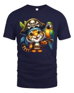 Cute Pirate Tiger Cartoon Adventure Art Graphic Tshirt - navy t-shirt on white background