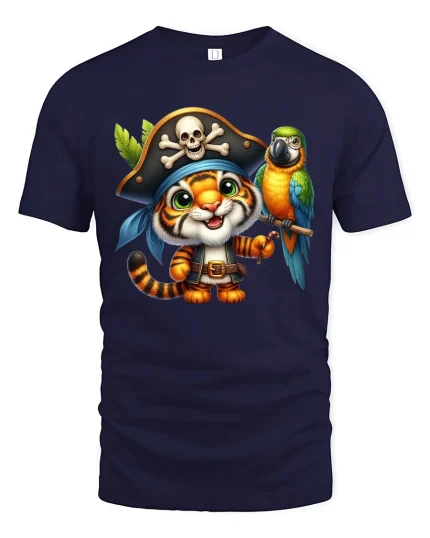 Cute Pirate Tiger Cartoon Adventure Art Graphic Tshirt - navy t-shirt on white background