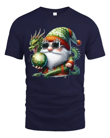 Mystic Dragon Gnome Wizard Fantasy Art Cartoon Graphic Tshirt - navy t-shirt on white background