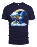 Rainbow Gnome Wizard Fantasy Art Cartoon Graphic T Shirt - navy t-shirt on white background