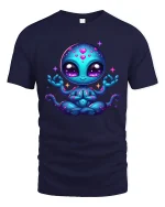 Cute Cosmic Alien Meditation Cartoon Graphic T Shirt - navy t-shirt on white background