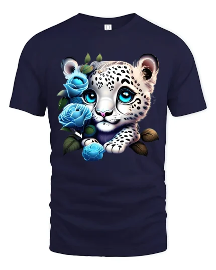 Cute Snow Leopard Cub Blue Rose Fantasy Art Graphic Tee - navy t-shirt on white background