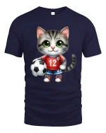 Cute Soccer Cat Cartoon Graphic Tee With Playful Sports Style - navy t-shirt on white background